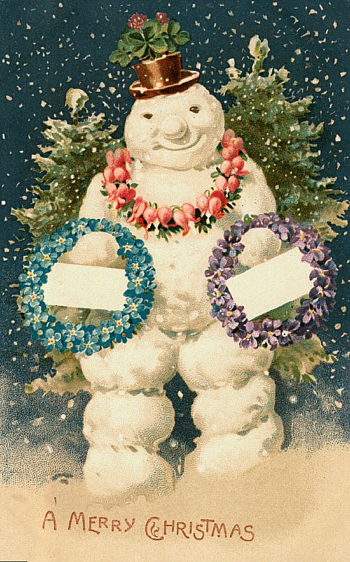 Victorian Snowman Christmas Greeting Card with Floral Wreaths