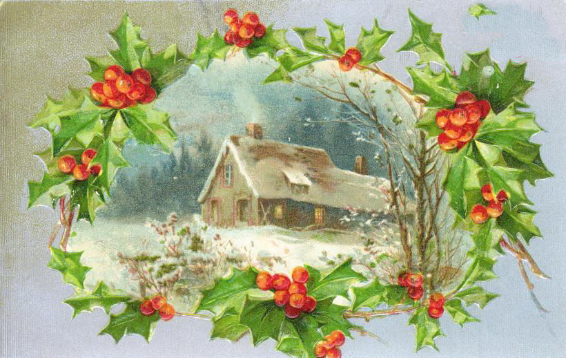 Victorian Winter Cottage Christmas Card with Holly Berries