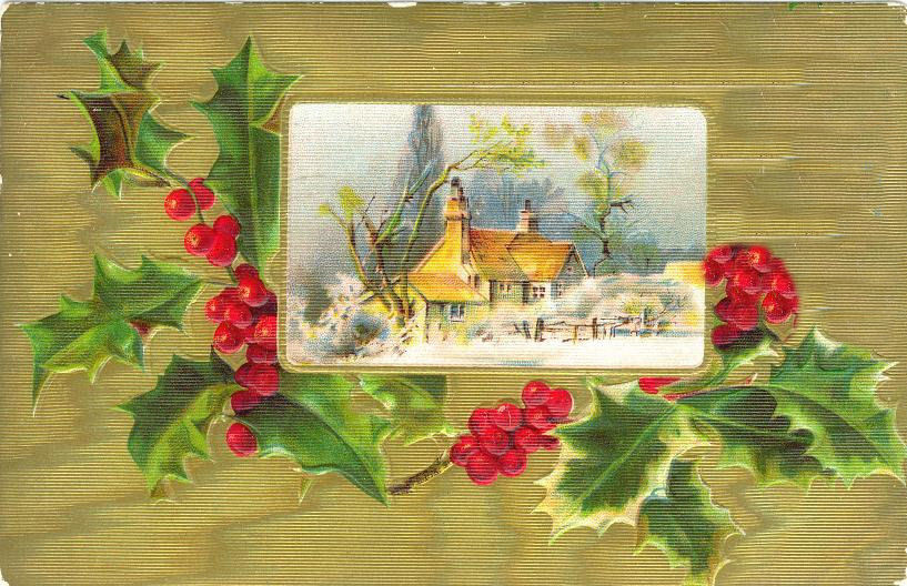Victorian Christmas Cottage Holly Greeting Card, Gold Embossed