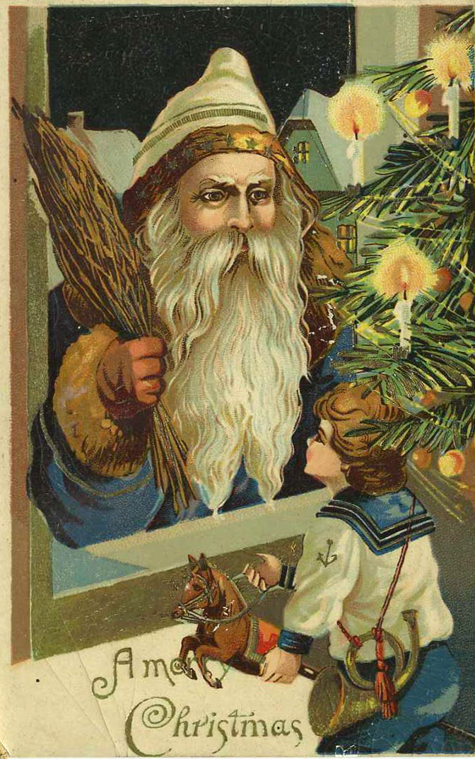 Victorian Christmas Card: Father Christmas with Child & Decorated Tree
