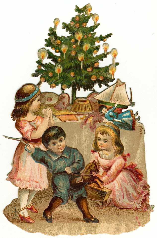 Victorian Christmas Tree with Children & Toys Die-Cut Card