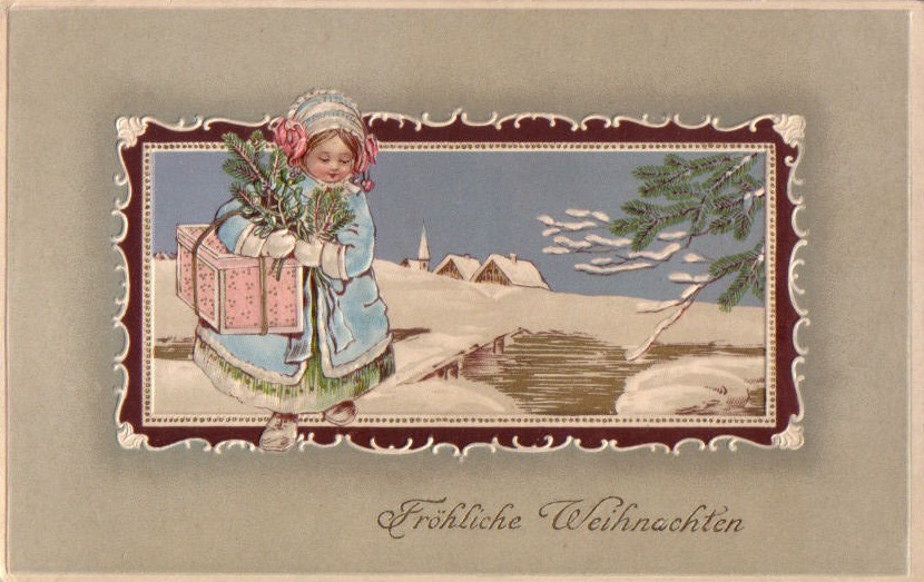 Vintage German Christmas Card: Winter Child with Gifts