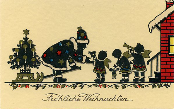 German Christmas Silhouette Card, Early 1900s Holiday Greeting