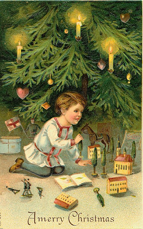 Victorian Christmas Card Child Playing with Toys Under Tree