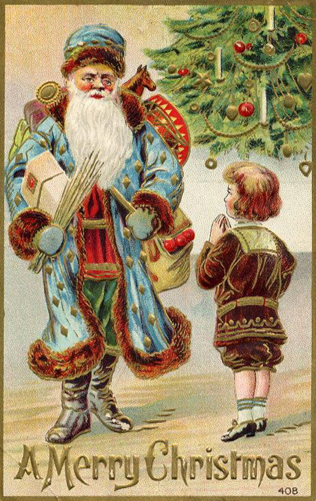 Victorian Santa Claus Christmas Greeting Card, Blue Coat Design