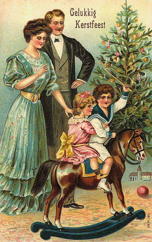 Victorian Dutch Christmas Card Family Rocking Horse Kerstfeest 1890s