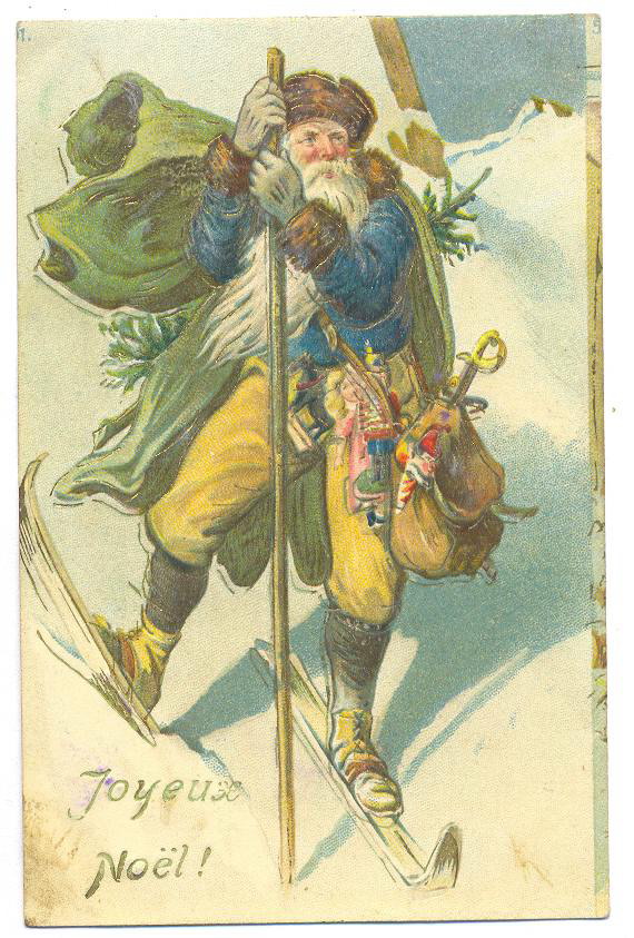 Vintage Joyeux Noël Santa Skiing Christmas Greeting Card