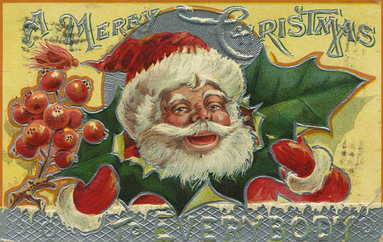 Vintage Santa Claus Christmas Card, Victorian Holly & Berries Design