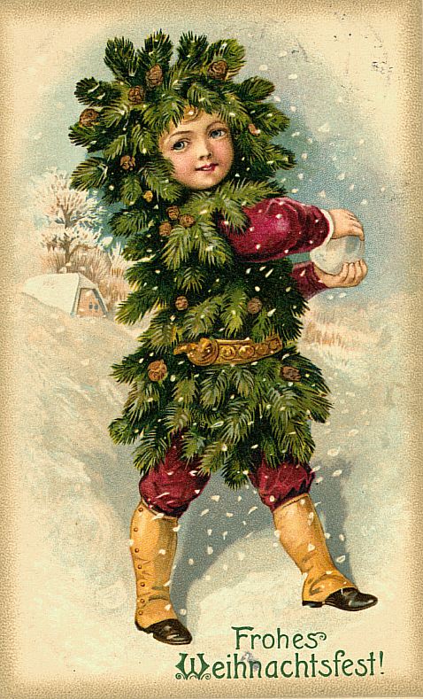 Victorian German Christmas Card with Child in Pine Garland