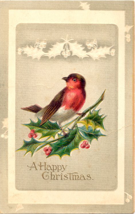 Victorian Christmas Robin Greeting Card with Holly - Vintage 1880s-1900s