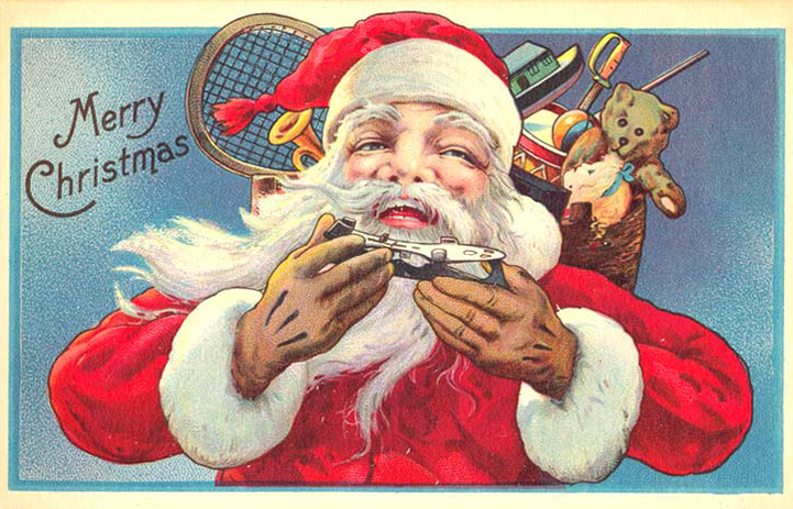 Vintage Santa Holding Small Object Christmas Card, Early 1900s