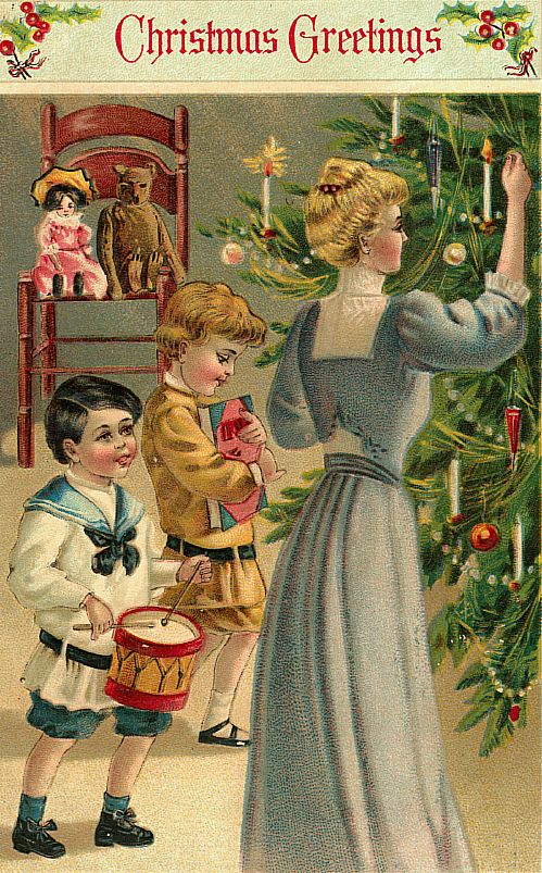 Edwardian Christmas Greetings Card with Children & Woman Decorating Tree