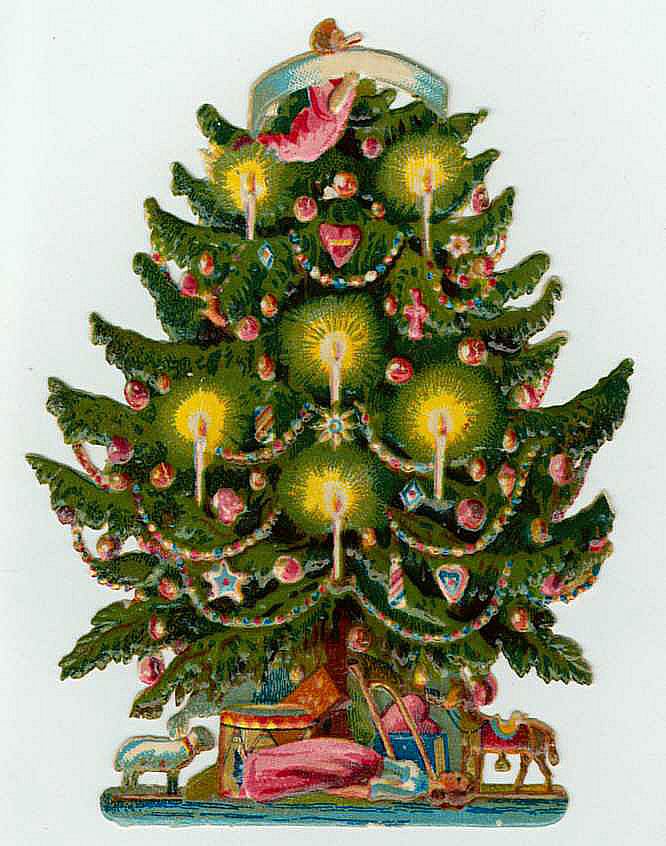 Victorian Christmas Tree Greeting Card with Candles & Toys