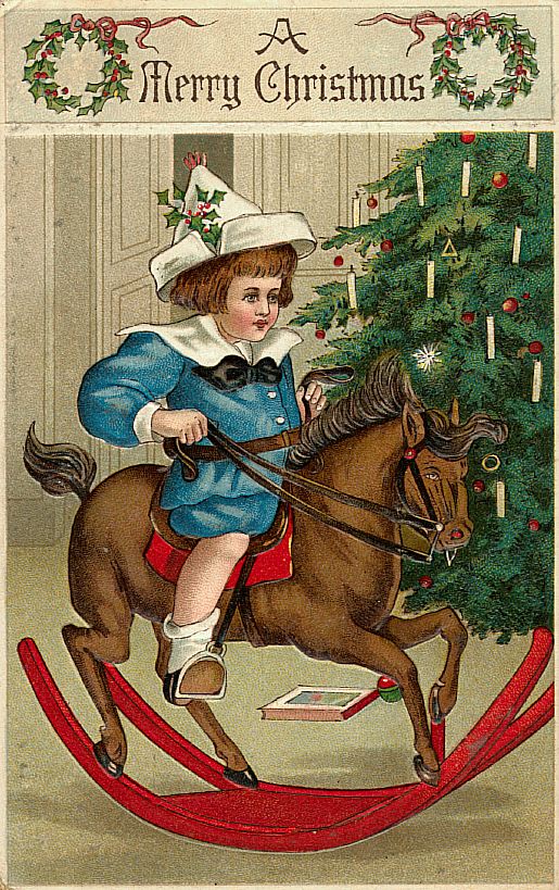 Victorian Christmas Card: Child on Rocking Horse with Tree