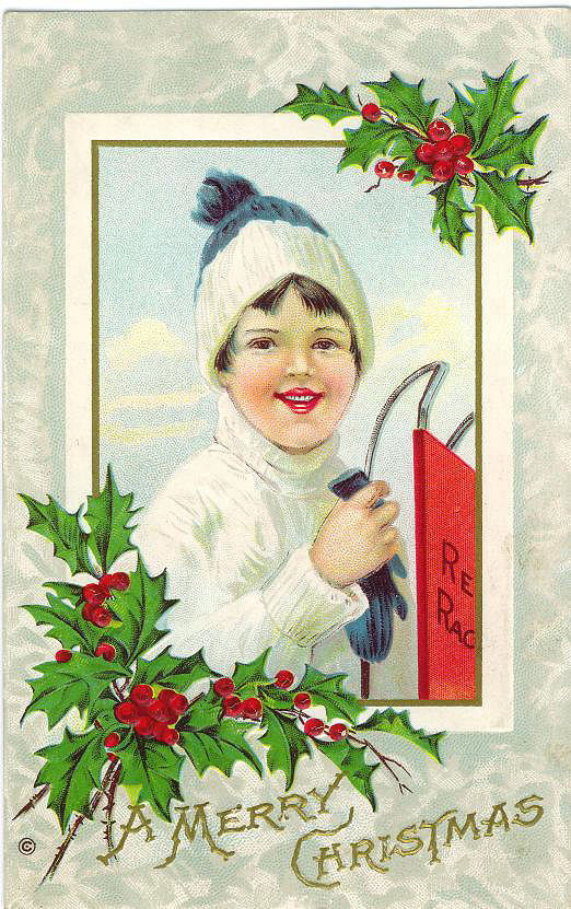 Vintage Edwardian Christmas Card: Child with Holly & Sled Greeting