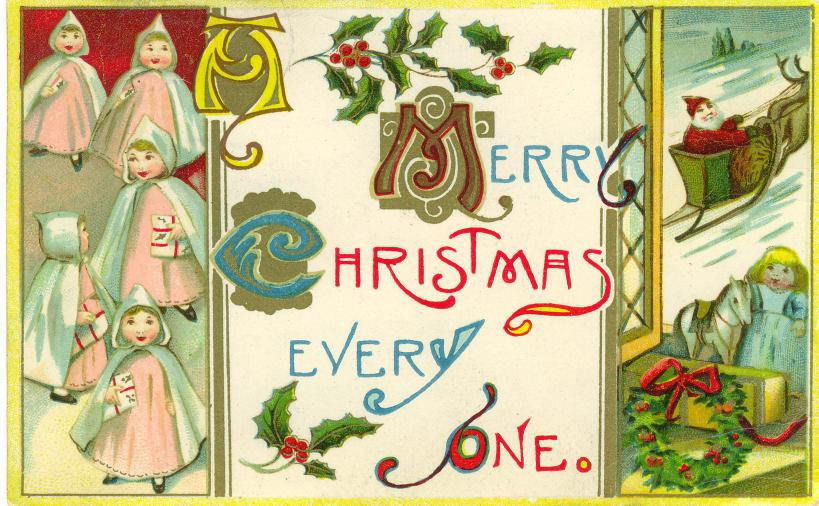 Vintage Victorian Christmas Card with Children & Holly Designs