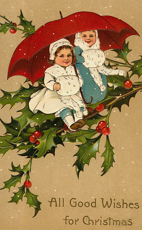 Victorian Christmas Card Two Children Red Umbrella Holly