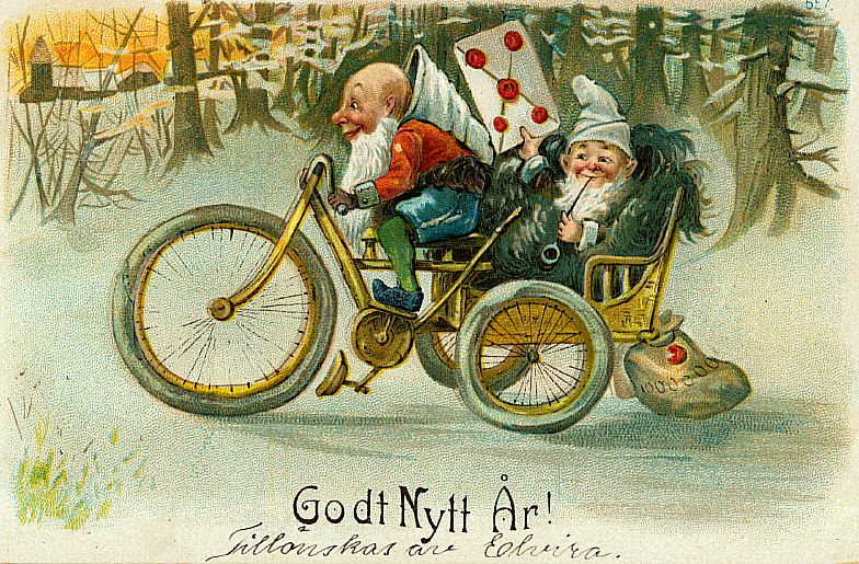 Vintage Swedish New Year Card with Gnomes on Bicycle Tricycle