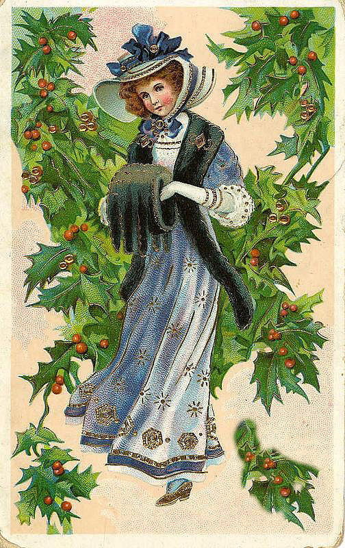 Victorian Christmas Card: Elegant Woman with Holly Branches