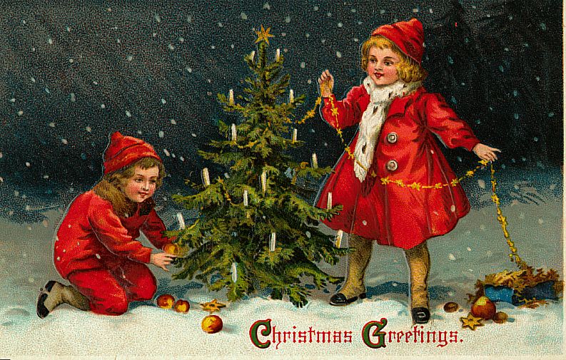 Victorian Christmas Greeting Card with Children in Red
