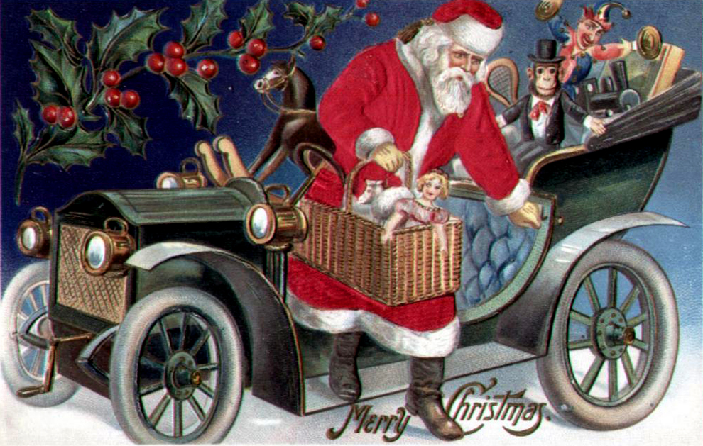 Vintage Christmas Santa in Motor Car Greeting Card, Early 1900s