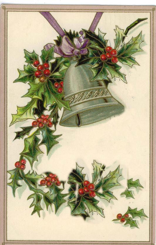 Victorian Christmas Holly Bell Greeting Card with Purple Ribbon
