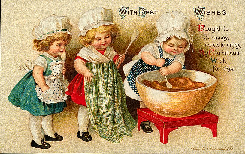 Victorian Christmas Greeting Card with Three Children Cooking