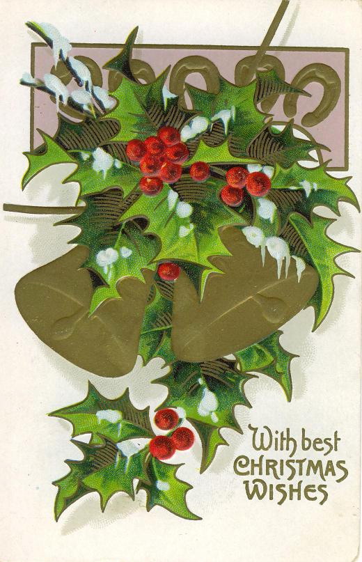 Vintage Holly Christmas Card with Gold Bells - Early 1900s