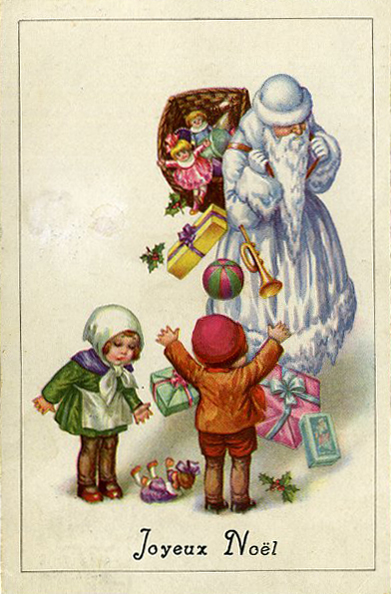 Vintage French Christmas Card: Santa with Children & Gifts