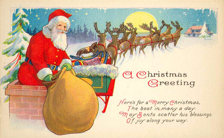 Vintage Christmas Greeting Card Santa Reindeer Sleigh Early 1900s