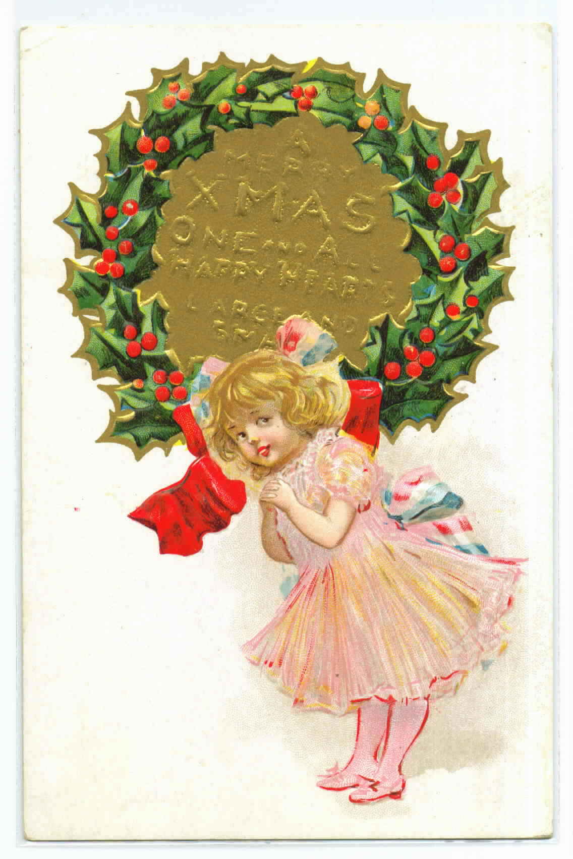 Vintage Christmas Greeting Card with Holly Wreath and Young Girl