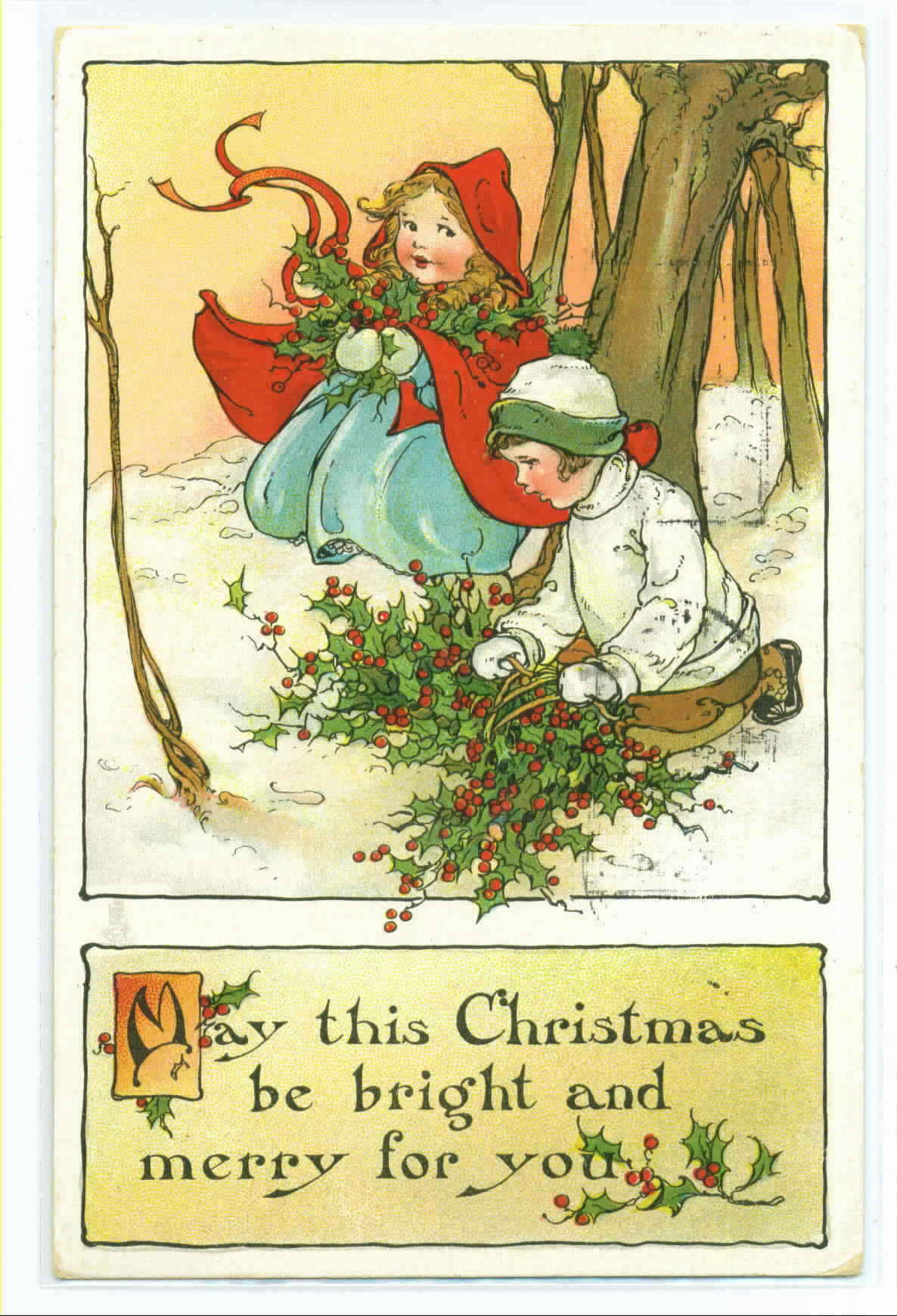 Victorian Christmas Greeting Card: Children Gathering Holly Berries