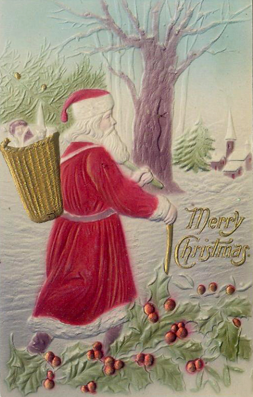 Victorian Santa Christmas Card with Holly & Winter Scene