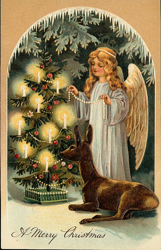 Victorian Christmas Angel with Deer and Candlelit Tree