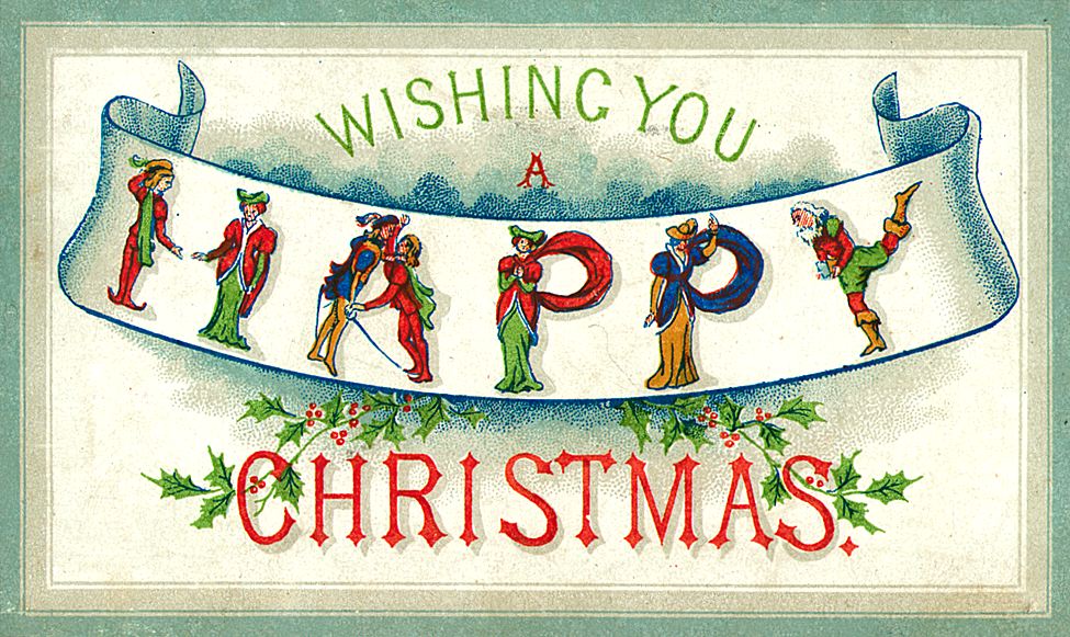 Vintage Happy Christmas Greeting Card with Jesters, Victorian Era