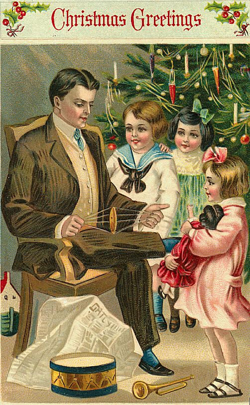 Victorian Christmas Greetings Card: Man & Children with Musical Toys