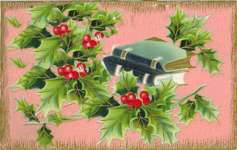 Victorian Holly & Books Christmas Greeting Card Pink Gold