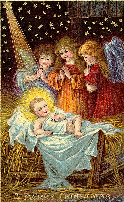 Victorian Christmas Card with Angels and Baby Jesus Nativity Scene