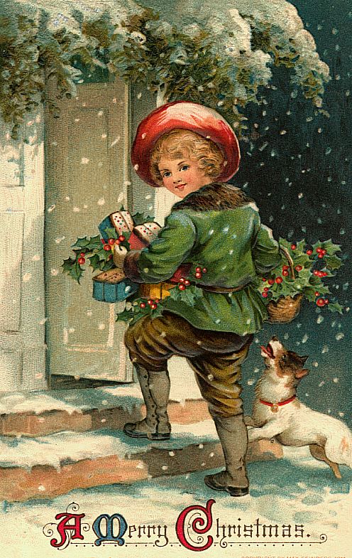 Victorian Christmas Greeting Card with Child and Holly, 1890s