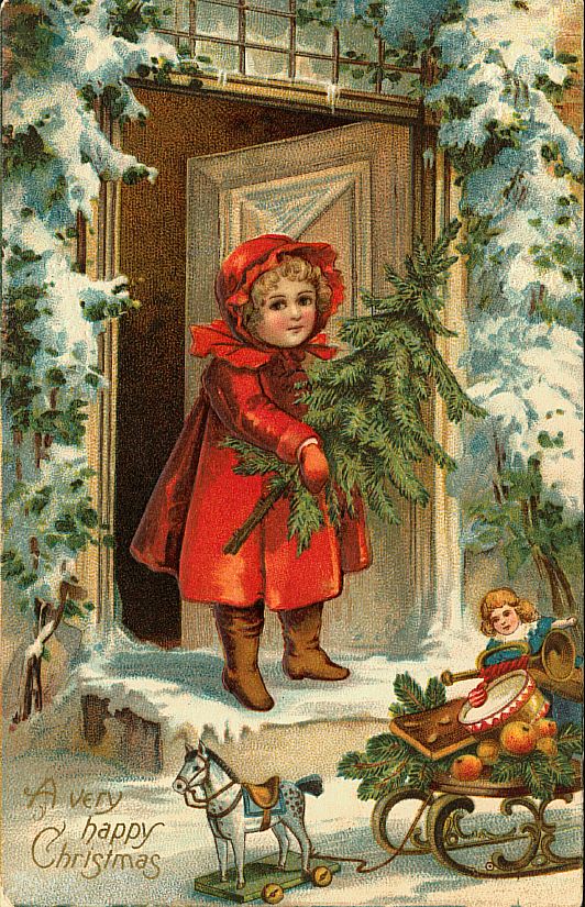 Victorian Christmas Card Child Red Coat Snow Scene