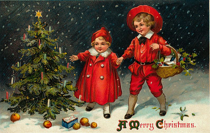 Victorian Christmas Children in Red Coats with Tree - Antique Holiday Card