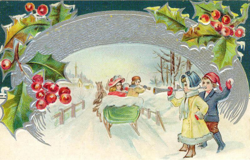 Victorian Christmas Greeting Card with Holly Border & Winter Scene