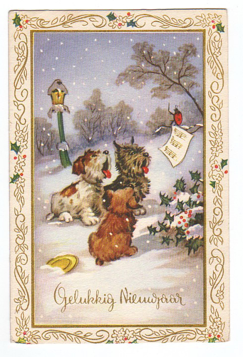 Vintage Dutch New Year Card with Dogs & Snow Scene