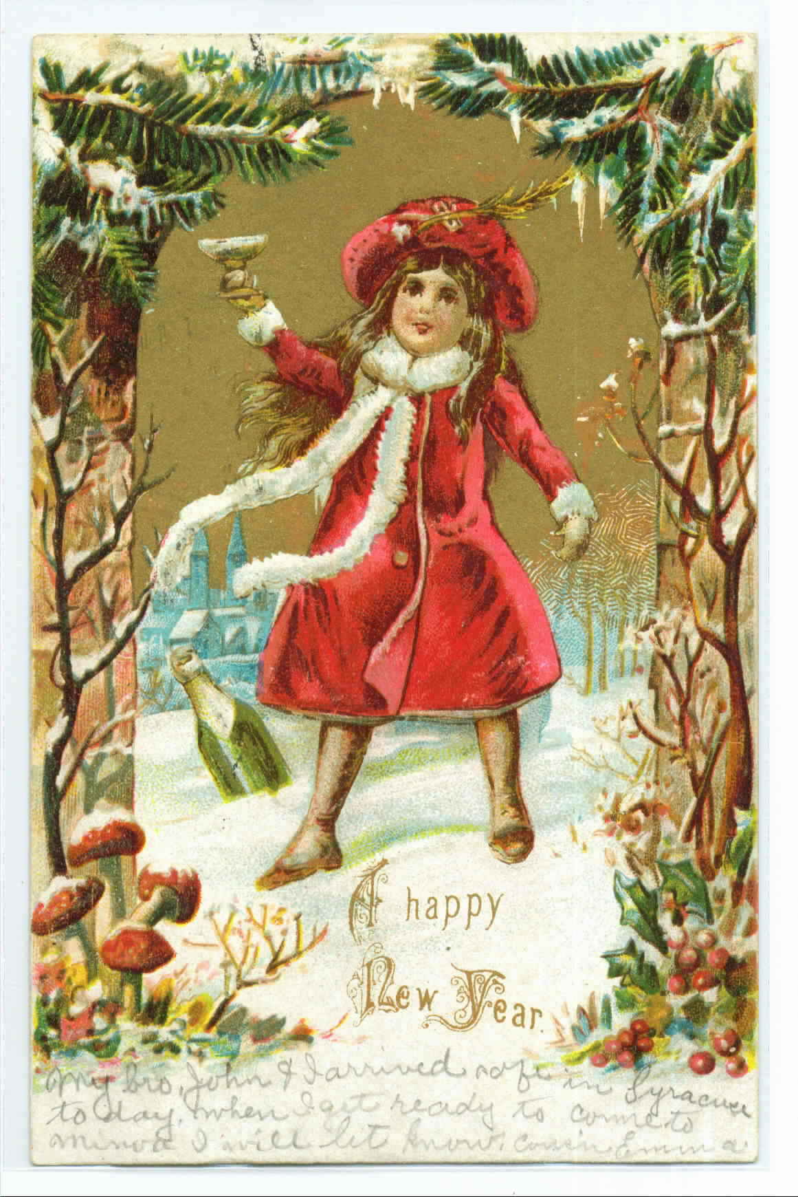 Victorian New Year Greeting Card with Child in Red Coat