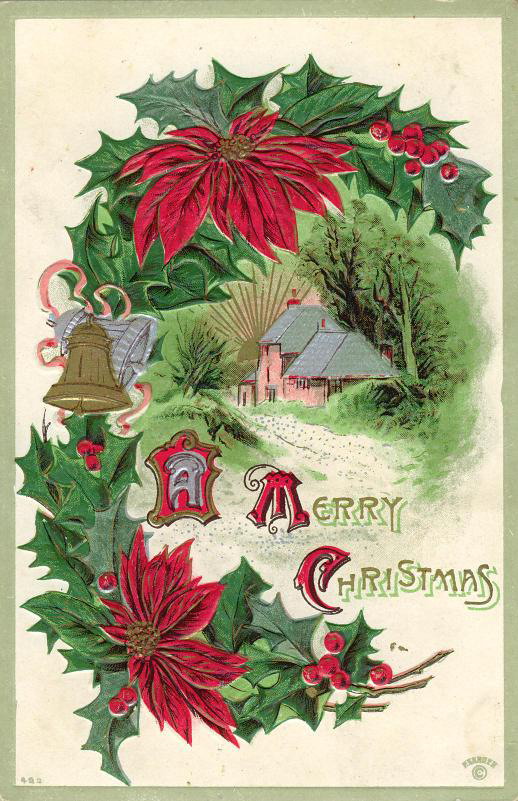 Victorian Christmas Greeting Card with Poinsettias and Holly