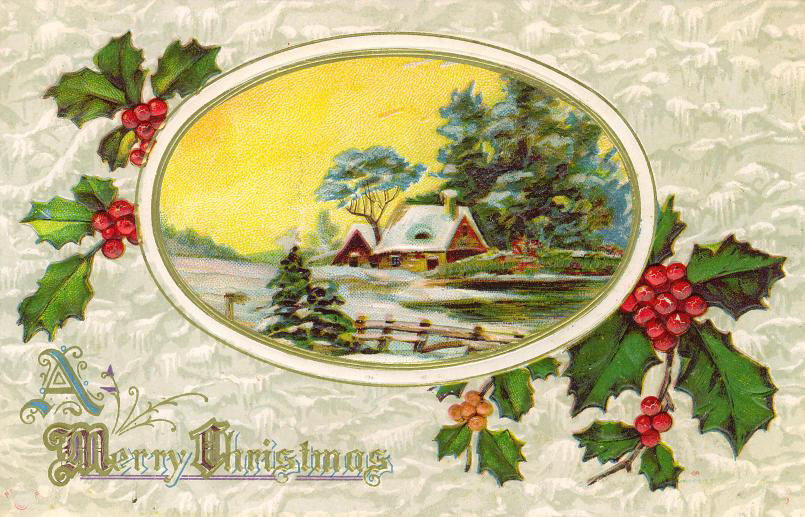 Victorian Christmas Greeting Card with Snowy Cottage Scene