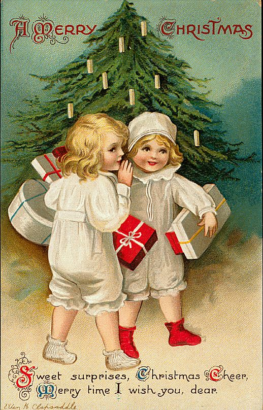 Edwardian Christmas Greeting Card with Children & Candle Tree