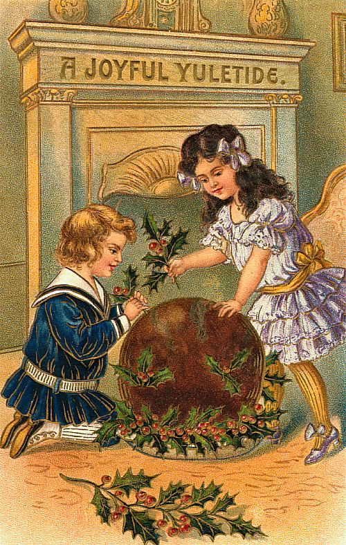 Victorian Yuletide Greeting Card: Children with Holly, 1890s