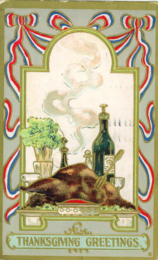 Victorian Thanksgiving Greetings Card with Dead Game & Wine Bottle