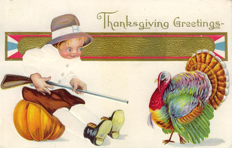 Vintage Thanksgiving Greeting Card with Boy and Turkey, Early 1900s
